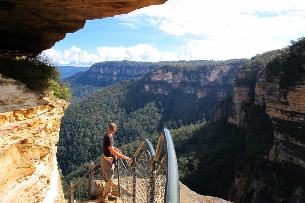 A person standing on a bridge over a canyon